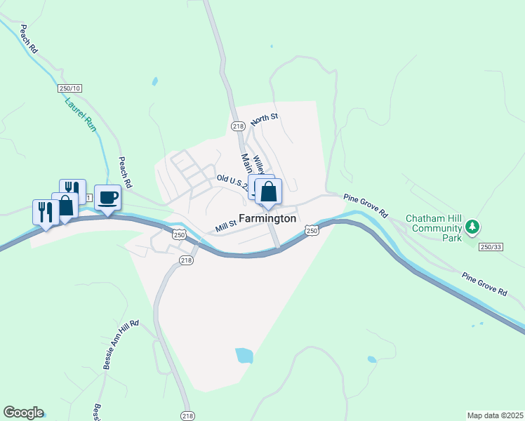 map of restaurants, bars, coffee shops, grocery stores, and more near 1310 Mill Street in Farmington