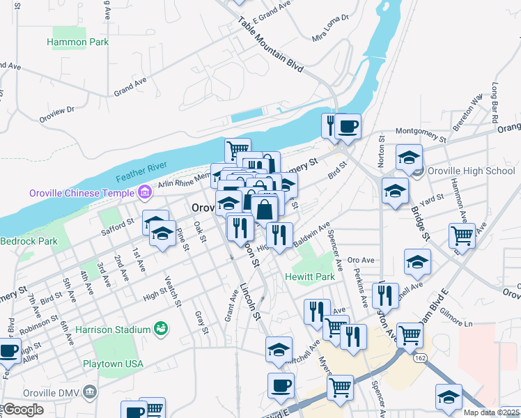 map of restaurants, bars, coffee shops, grocery stores, and more near 2041 Bird Street in Oroville