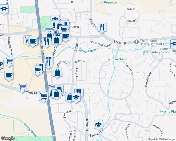map of restaurants, bars, coffee shops, grocery stores, and more near 11246 Rodeo Circle in Parker