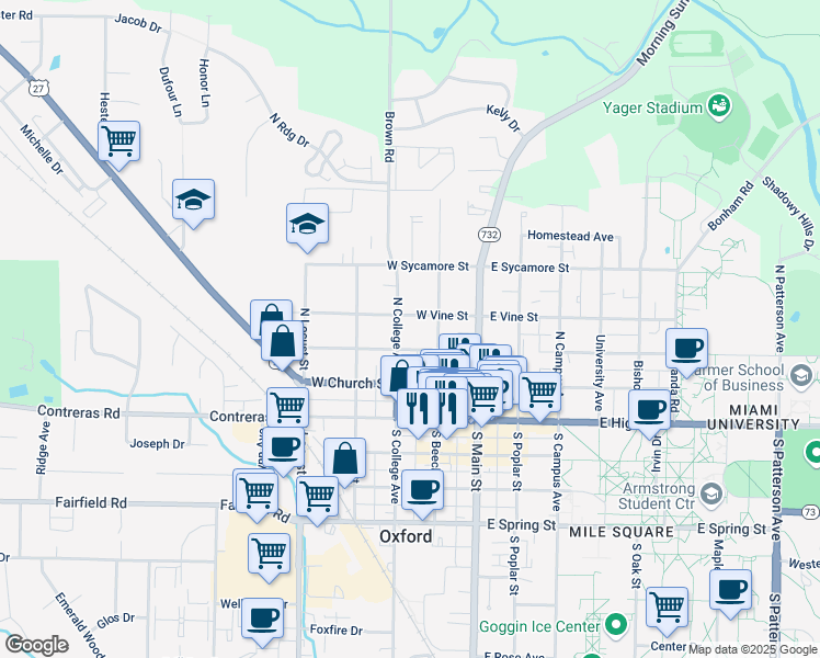 map of restaurants, bars, coffee shops, grocery stores, and more near 211 North College Avenue in Oxford