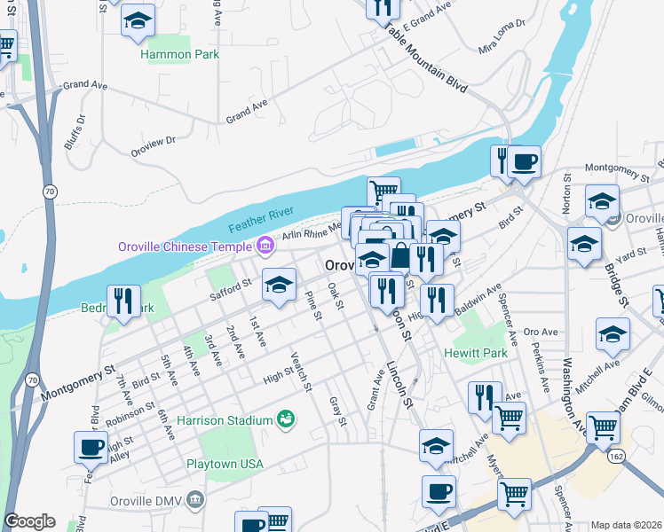 map of restaurants, bars, coffee shops, grocery stores, and more near 1735 Montgomery Street in Oroville