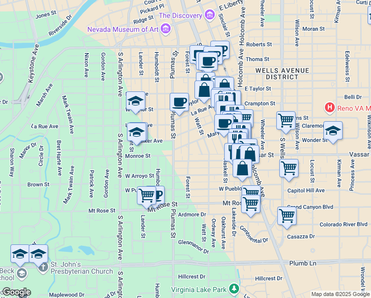 map of restaurants, bars, coffee shops, grocery stores, and more near 1176 Forest Street in Reno