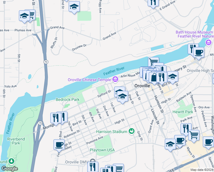 map of restaurants, bars, coffee shops, grocery stores, and more near 1335 Broderick Street in Oroville