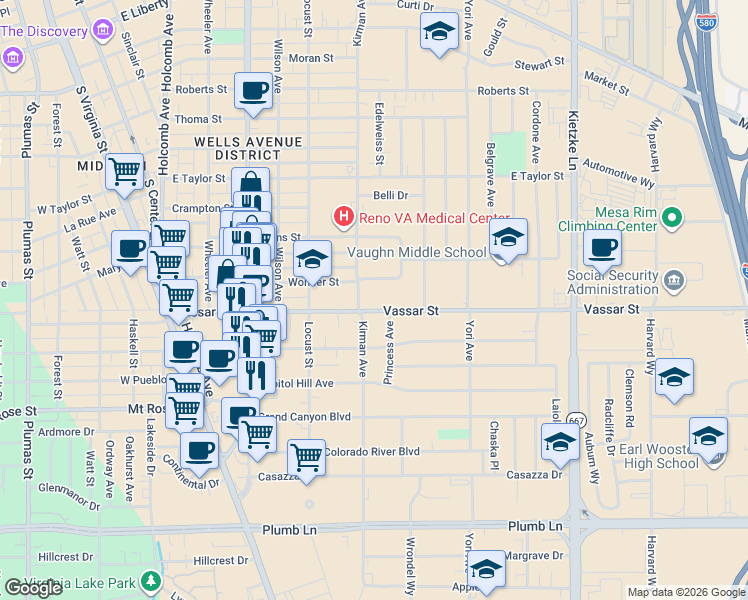 map of restaurants, bars, coffee shops, grocery stores, and more near 645 Vassar St in Reno
