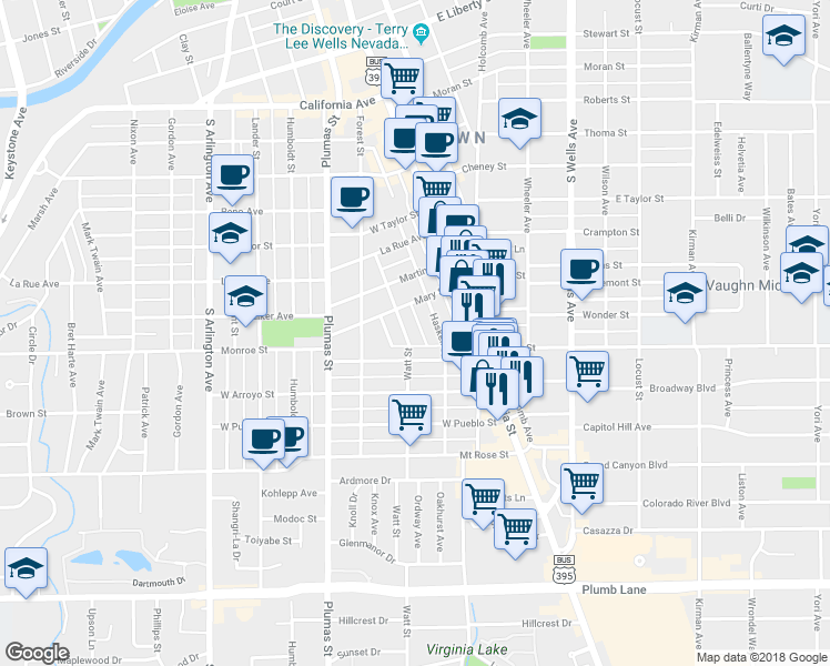 map of restaurants, bars, coffee shops, grocery stores, and more near 1049 Watt Street in Reno