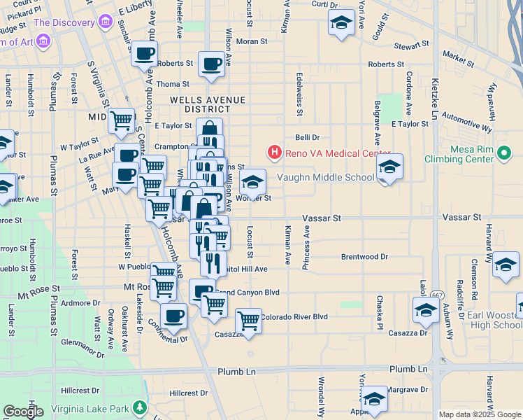 map of restaurants, bars, coffee shops, grocery stores, and more near 1200 Locust Street in Reno
