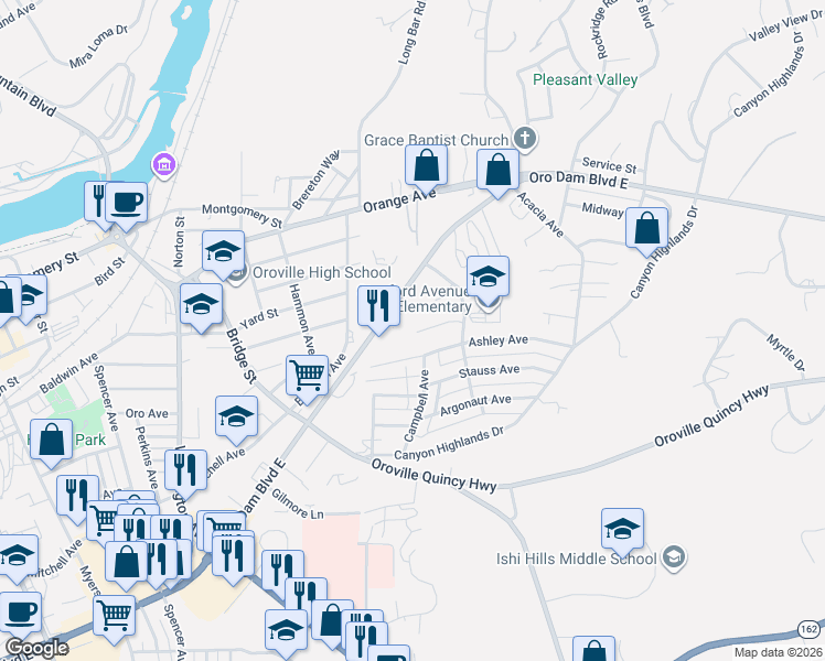map of restaurants, bars, coffee shops, grocery stores, and more near 3443 Charlene Avenue in Oroville