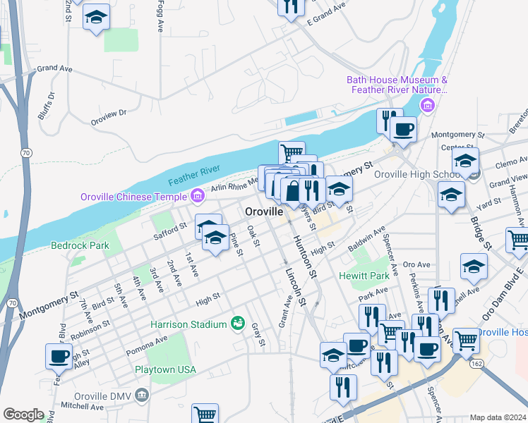 map of restaurants, bars, coffee shops, grocery stores, and more near 1869 Spencer Avenue in Oroville