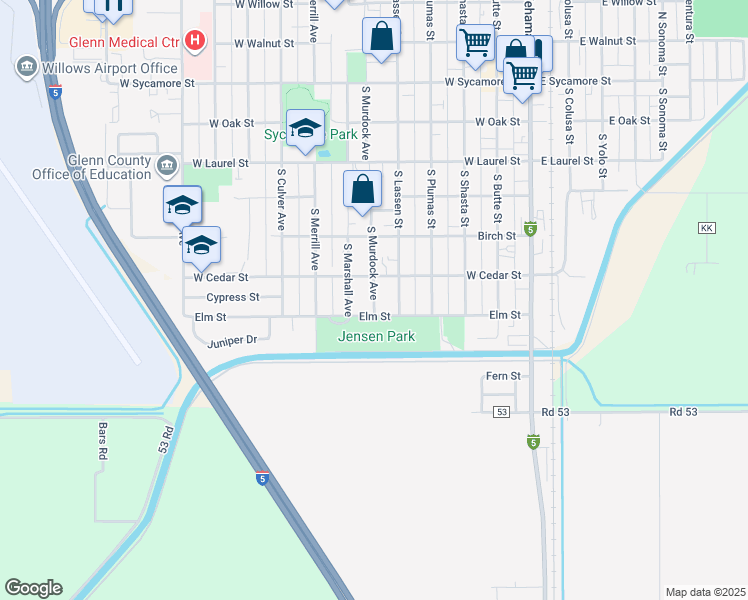 map of restaurants, bars, coffee shops, grocery stores, and more near 629 South Murdock Avenue in Willows