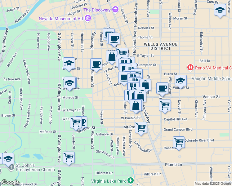 map of restaurants, bars, coffee shops, grocery stores, and more near 1052 Watt Street in Reno