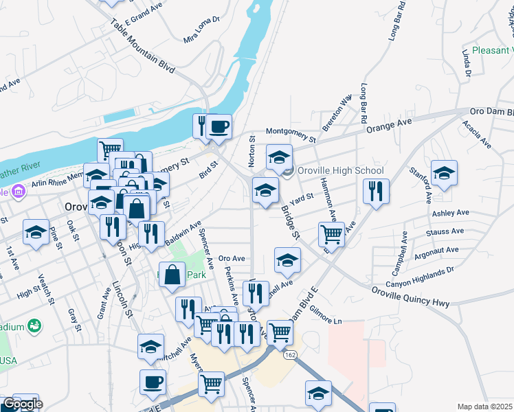 map of restaurants, bars, coffee shops, grocery stores, and more near 1685 Washington Avenue in Oroville