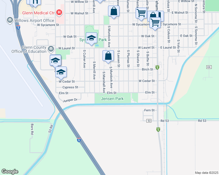 map of restaurants, bars, coffee shops, grocery stores, and more near 629 South Murdock Avenue in Willows