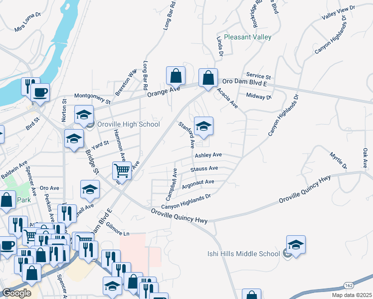 map of restaurants, bars, coffee shops, grocery stores, and more near 3475 Charlene Avenue in Oroville
