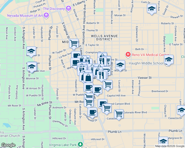 map of restaurants, bars, coffee shops, grocery stores, and more near 157 Vassar Street in Reno