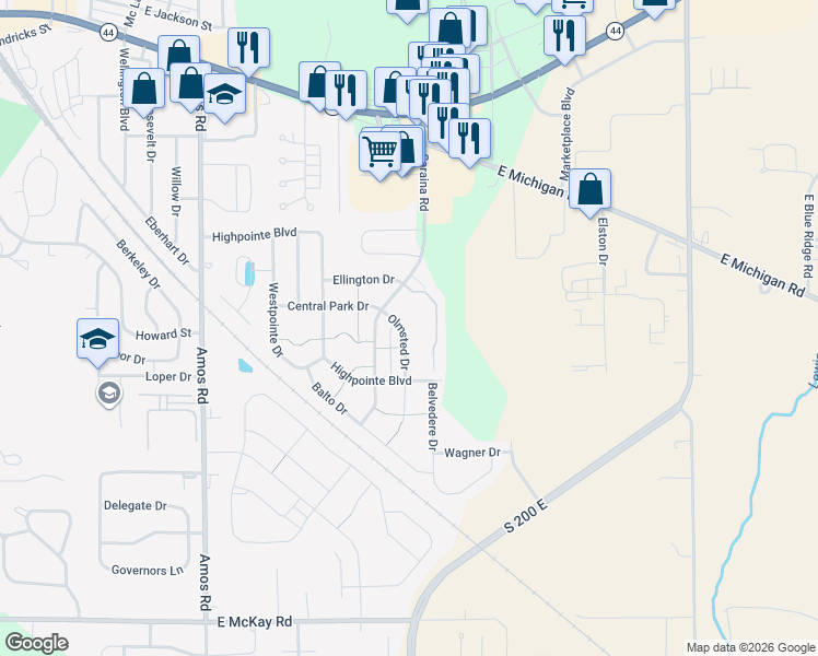 map of restaurants, bars, coffee shops, grocery stores, and more near 836 Olmsted Drive in Shelbyville