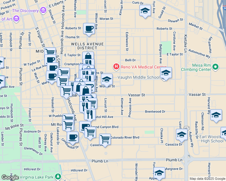 map of restaurants, bars, coffee shops, grocery stores, and more near 556 Vassar Street in Reno