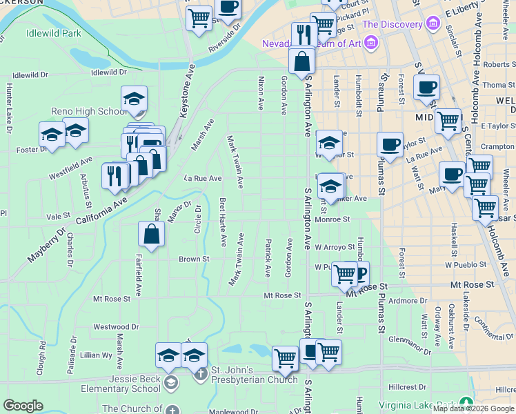 map of restaurants, bars, coffee shops, grocery stores, and more near 1126 Nixon Avenue in Reno