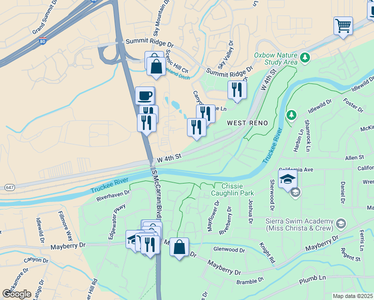 map of restaurants, bars, coffee shops, grocery stores, and more near 4305 West 4th Street in Reno