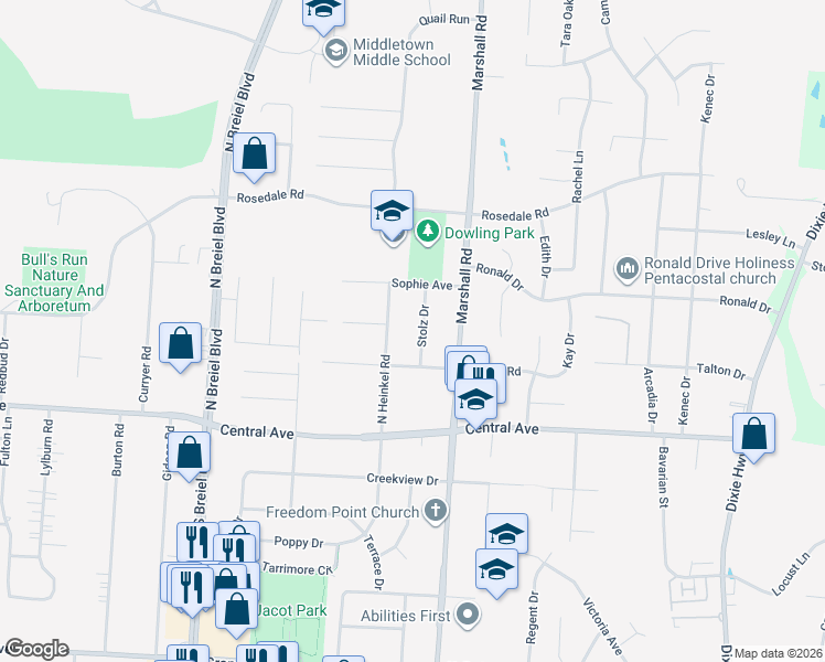 map of restaurants, bars, coffee shops, grocery stores, and more near 110 Stolz Drive in Middletown