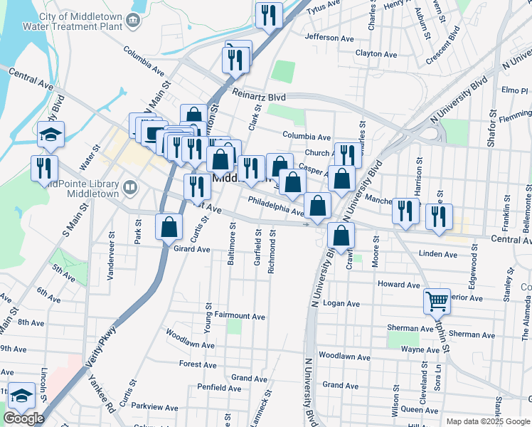map of restaurants, bars, coffee shops, grocery stores, and more near in Middletown