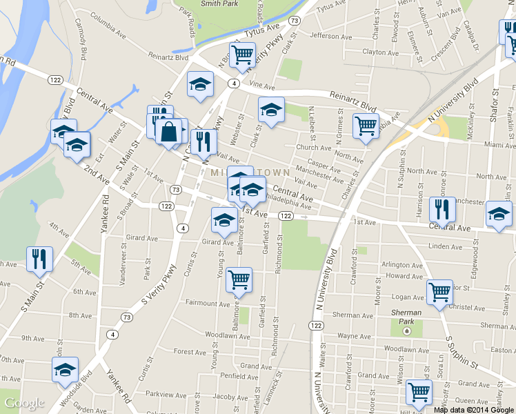 map of restaurants, bars, coffee shops, grocery stores, and more near in Middletown