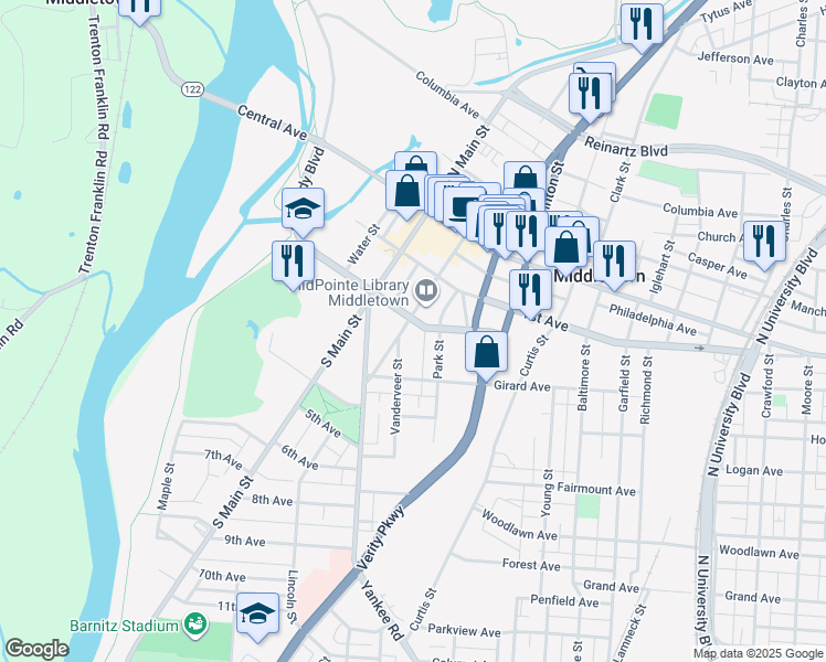 map of restaurants, bars, coffee shops, grocery stores, and more near 210 Park Street in Middletown