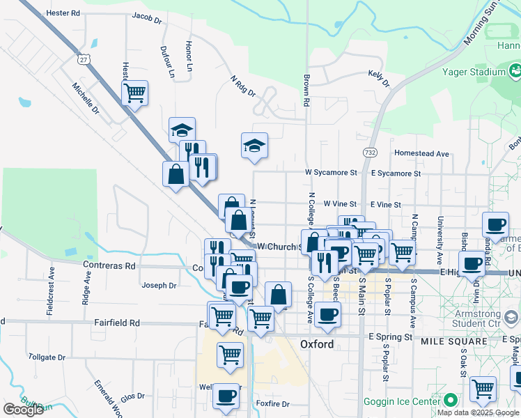 map of restaurants, bars, coffee shops, grocery stores, and more near 326 West Withrow Street in Oxford