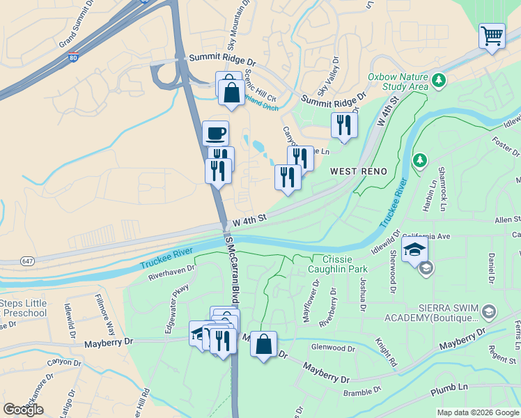 map of restaurants, bars, coffee shops, grocery stores, and more near 4395-4275 West 4th Street in Reno