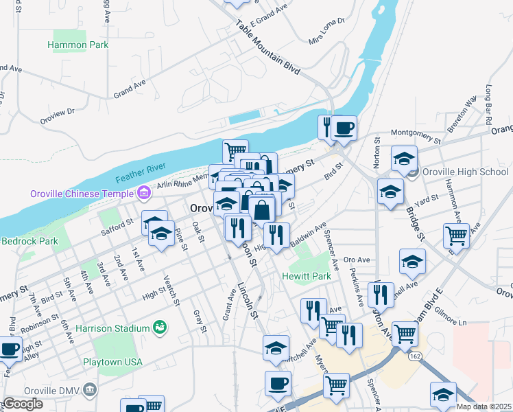 map of restaurants, bars, coffee shops, grocery stores, and more near 2066 Bird Street in Oroville