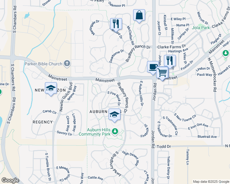 map of restaurants, bars, coffee shops, grocery stores, and more near 11315 South Fire Rock Drive in Parker