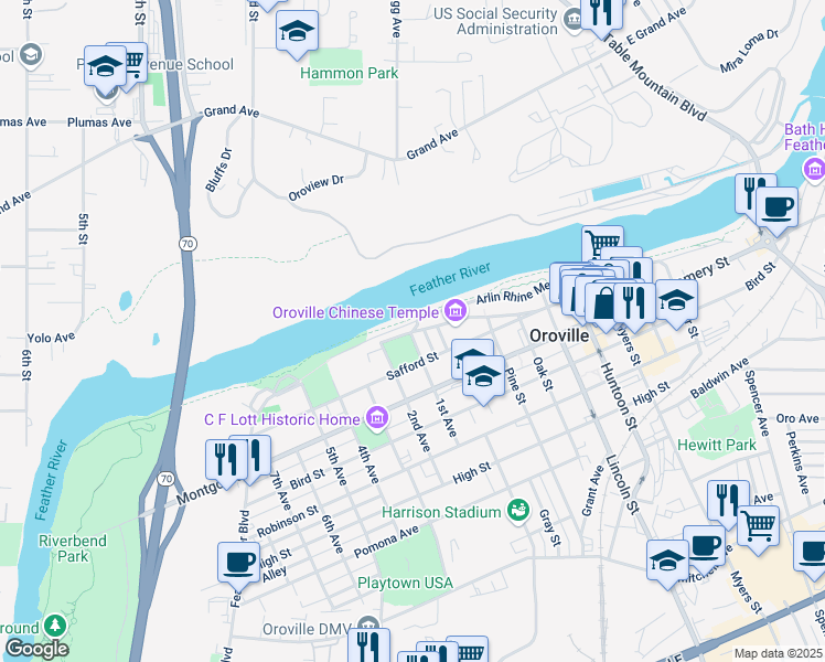 map of restaurants, bars, coffee shops, grocery stores, and more near 1500 Broderick Street in Oroville