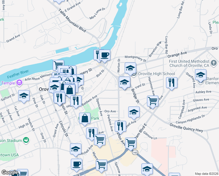 map of restaurants, bars, coffee shops, grocery stores, and more near 2611 Yard Street in Oroville