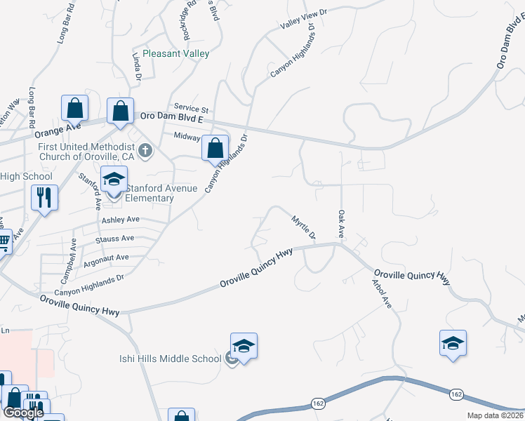 map of restaurants, bars, coffee shops, grocery stores, and more near 33 Myrtle Drive in Oroville