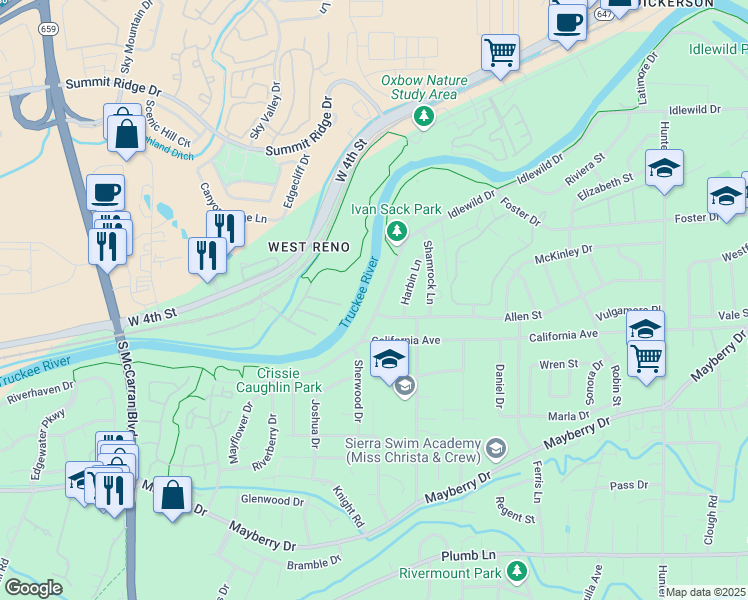map of restaurants, bars, coffee shops, grocery stores, and more near 3111 Idlewild Drive in Reno