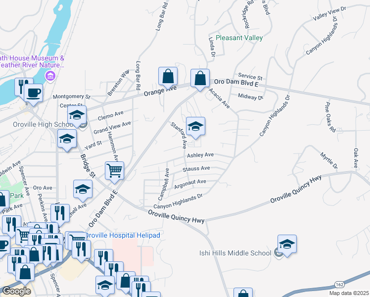 map of restaurants, bars, coffee shops, grocery stores, and more near 1801 Stanford Avenue in Oroville