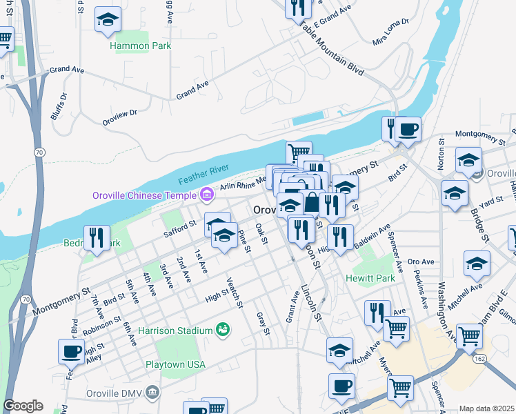 map of restaurants, bars, coffee shops, grocery stores, and more near in Oroville