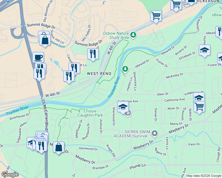 map of restaurants, bars, coffee shops, grocery stores, and more near 4190 Goodsell Lane in Reno