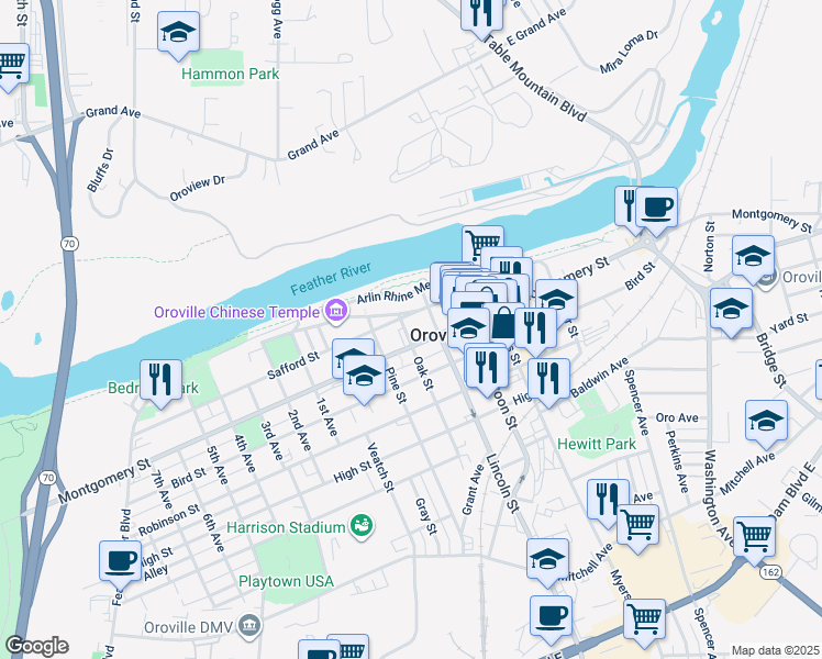 map of restaurants, bars, coffee shops, grocery stores, and more near in Oroville
