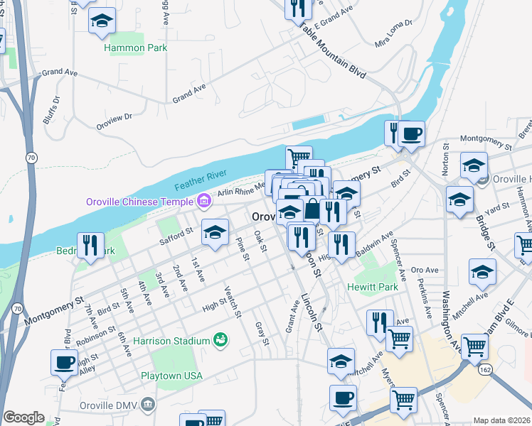 map of restaurants, bars, coffee shops, grocery stores, and more near 1735 Montgomery Street in Oroville