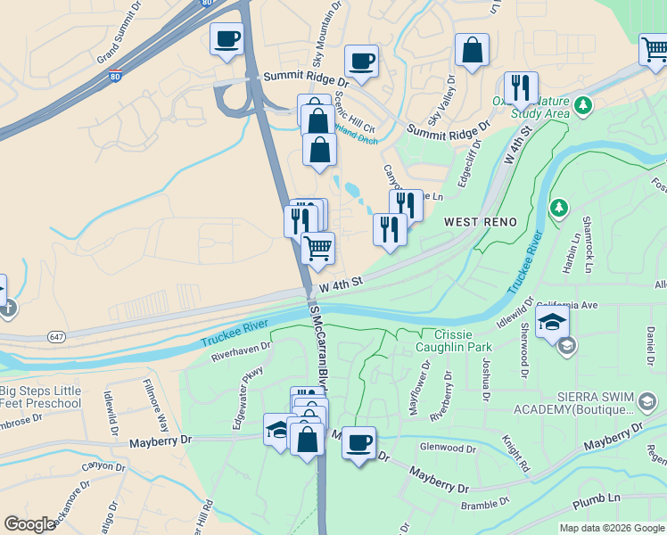 map of restaurants, bars, coffee shops, grocery stores, and more near 4395-4275 West 4th Street in Reno