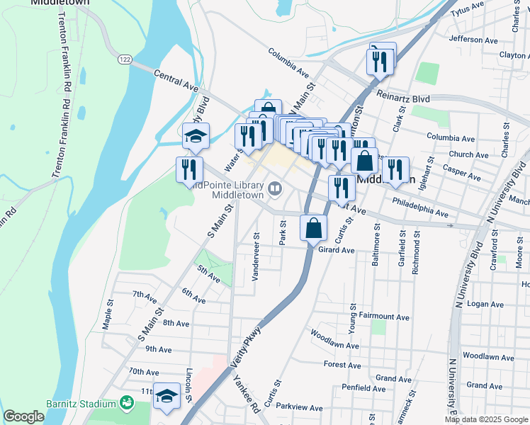 map of restaurants, bars, coffee shops, grocery stores, and more near 210 Park Street in Middletown