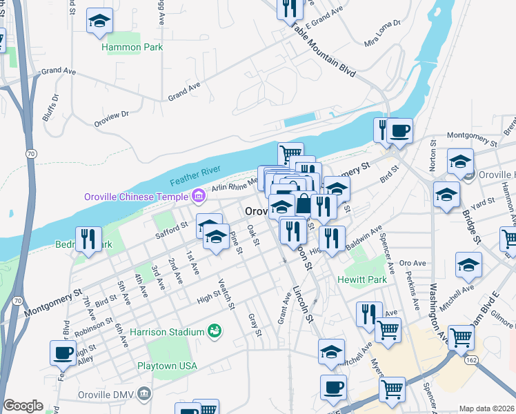 map of restaurants, bars, coffee shops, grocery stores, and more near 1790 Montgomery Street in Oroville