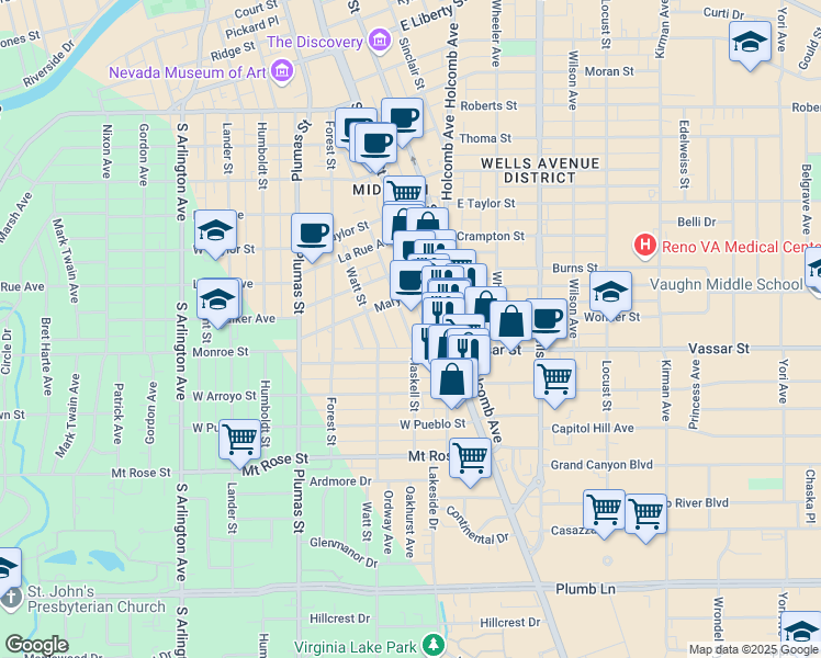 map of restaurants, bars, coffee shops, grocery stores, and more near 1048 Haskell Street in Reno