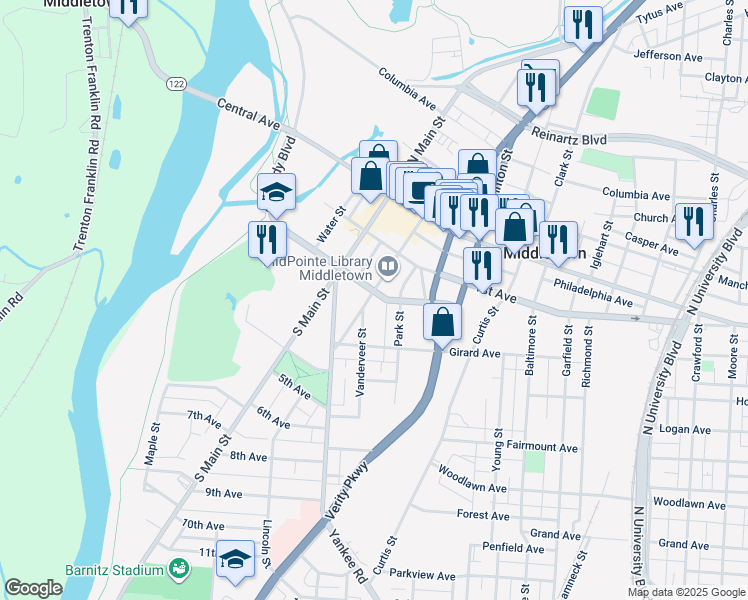 map of restaurants, bars, coffee shops, grocery stores, and more near 210 Park Street in Middletown