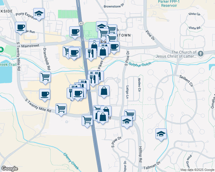 map of restaurants, bars, coffee shops, grocery stores, and more near 19610 Clubhouse Drive in Parker