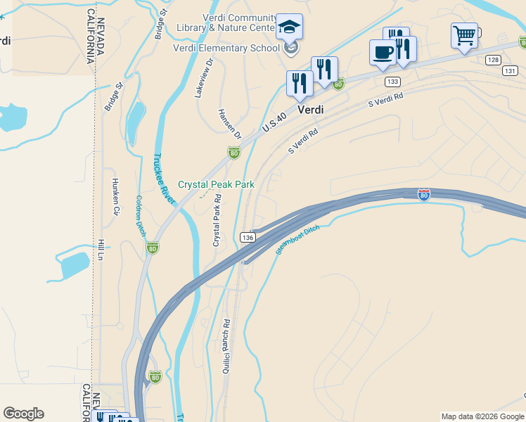 map of restaurants, bars, coffee shops, grocery stores, and more near 548 South Verdi Road in Reno