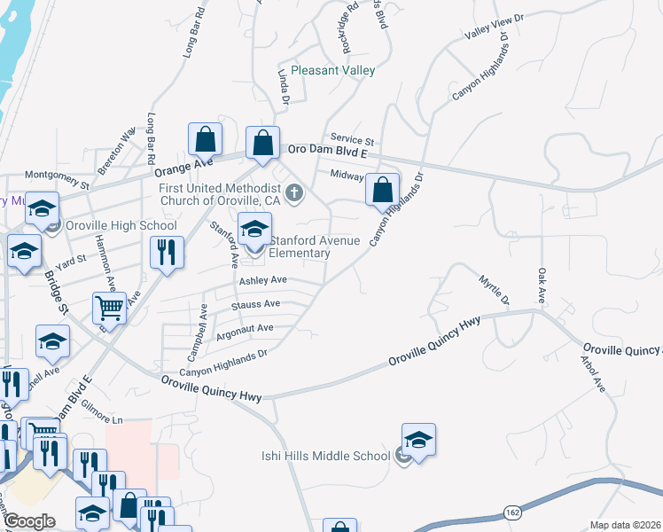 map of restaurants, bars, coffee shops, grocery stores, and more near 119 Canyon Highlands Drive in Oroville