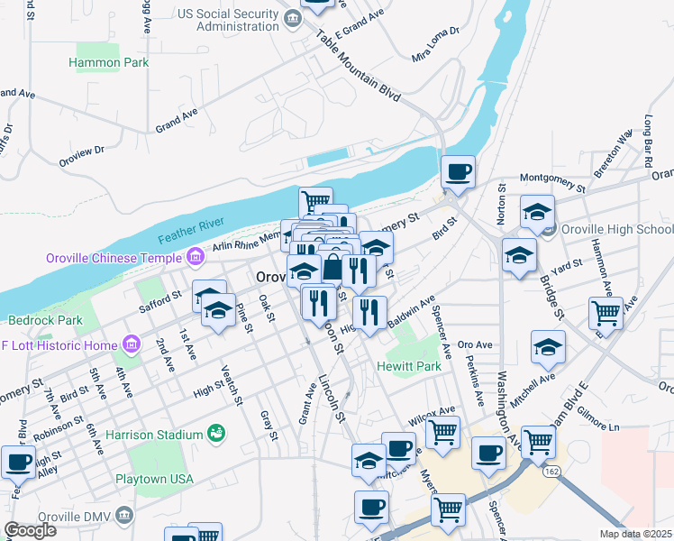 map of restaurants, bars, coffee shops, grocery stores, and more near 1363 Myers Street in Oroville