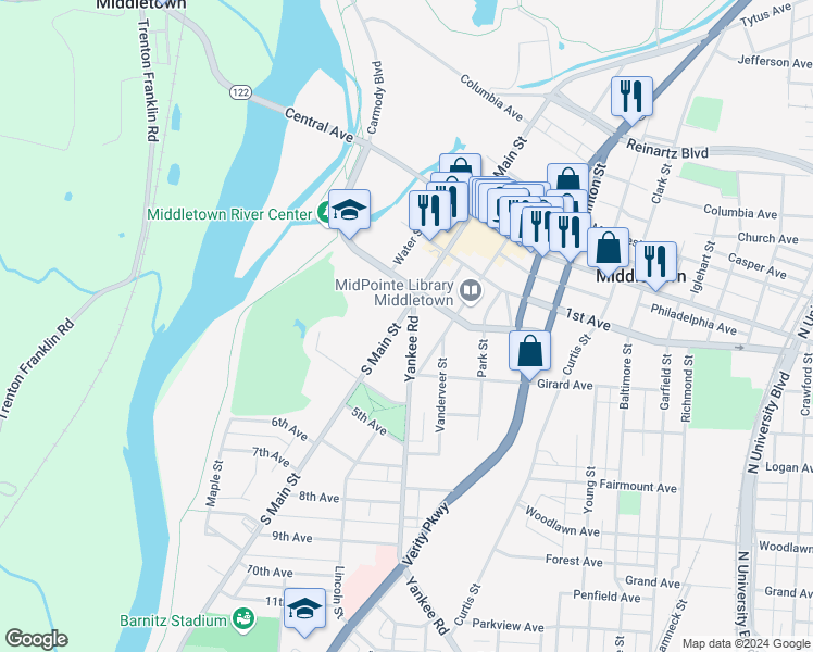 map of restaurants, bars, coffee shops, grocery stores, and more near 219 South Main Street in Middletown