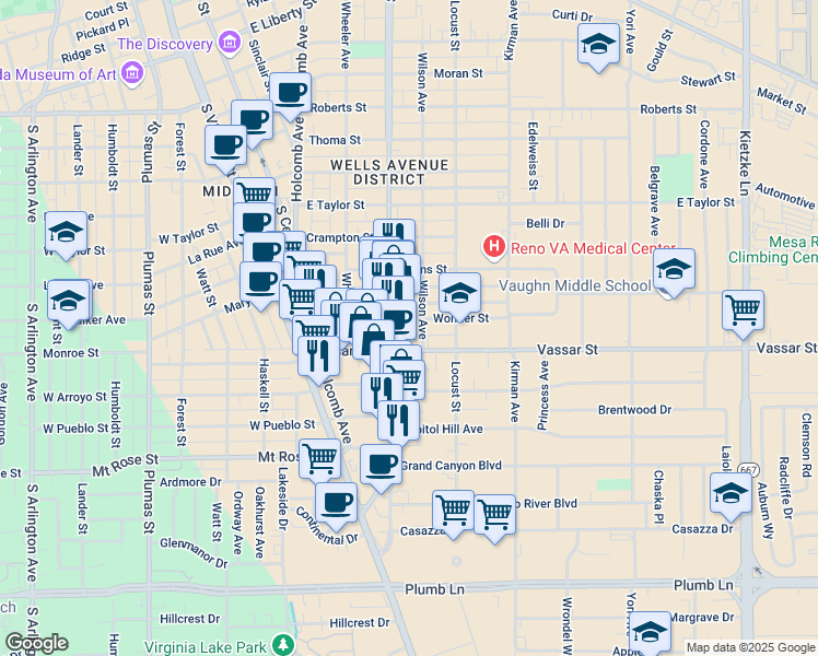 map of restaurants, bars, coffee shops, grocery stores, and more near 1295 Wilson Avenue in Reno